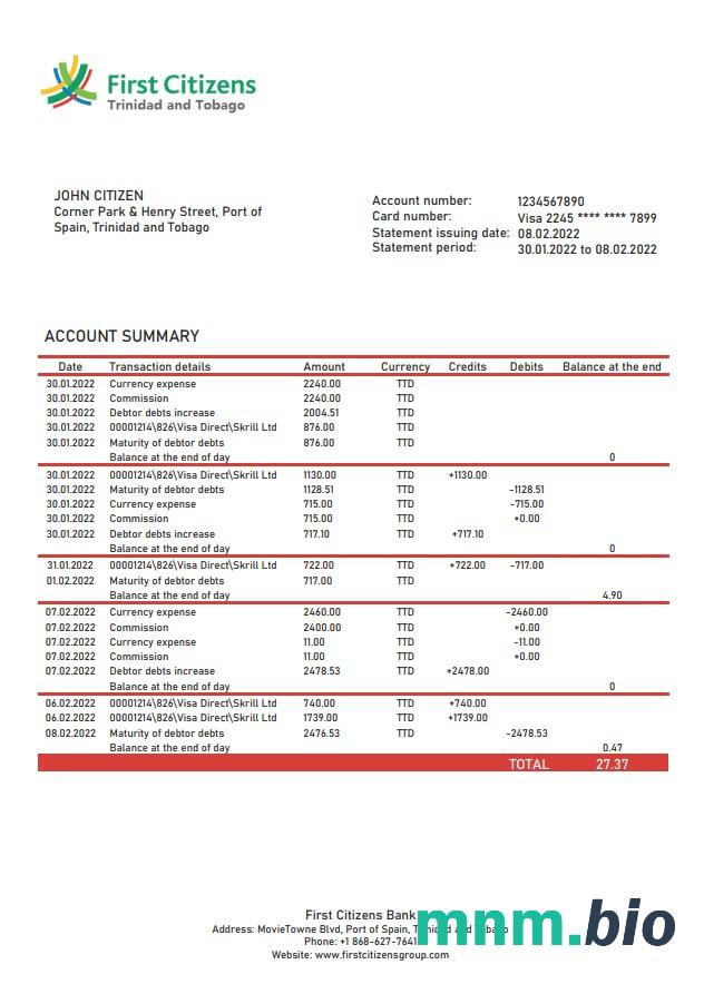 Trinidad and Tobago First Citizens Bank statement xls